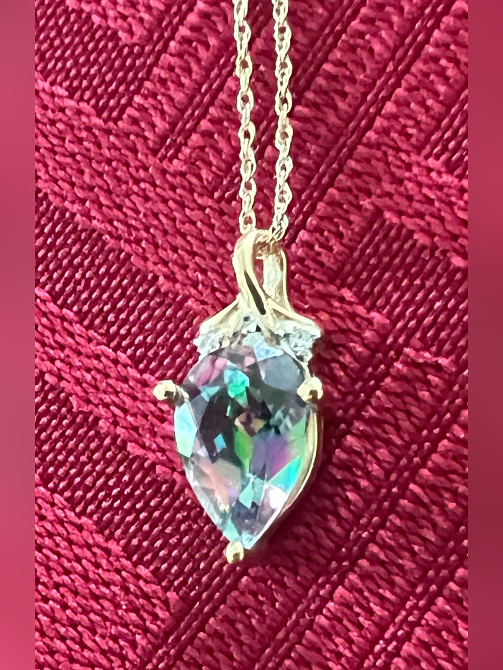Vtg 10K Gold Mystic Topaz & 3 Diamond Chip Necklace Maker Mark Kabar Jewelry Co